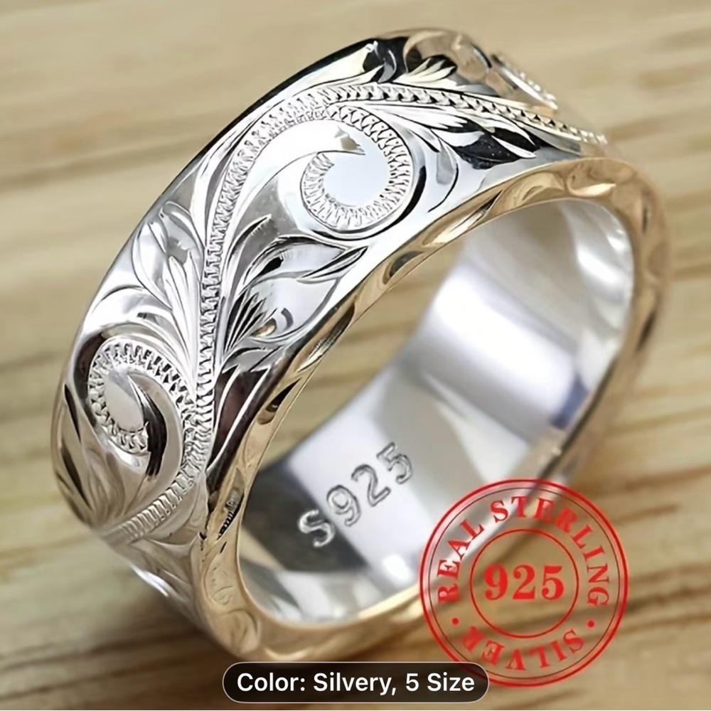 This is a sterling silver carved leaf hand-engraved men ring - Picture 11 of 16